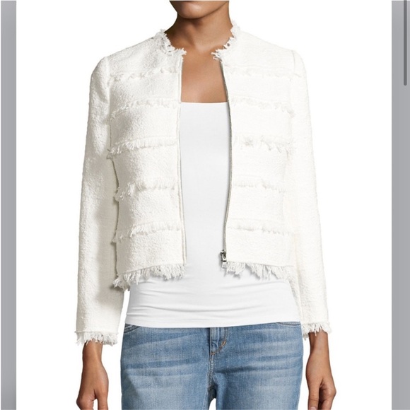 Rebecca Taylor Textured Tweed Jacket with Fringe, White 6 - Picture 1 of 3